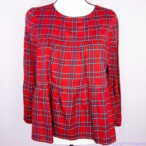 NEW Madewell red Plaid Tiered Button-Back long sleeves To, size XS - Picture 9 of 15